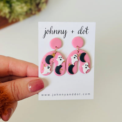 Pink Arched Ghost and Moon Clay Earrings